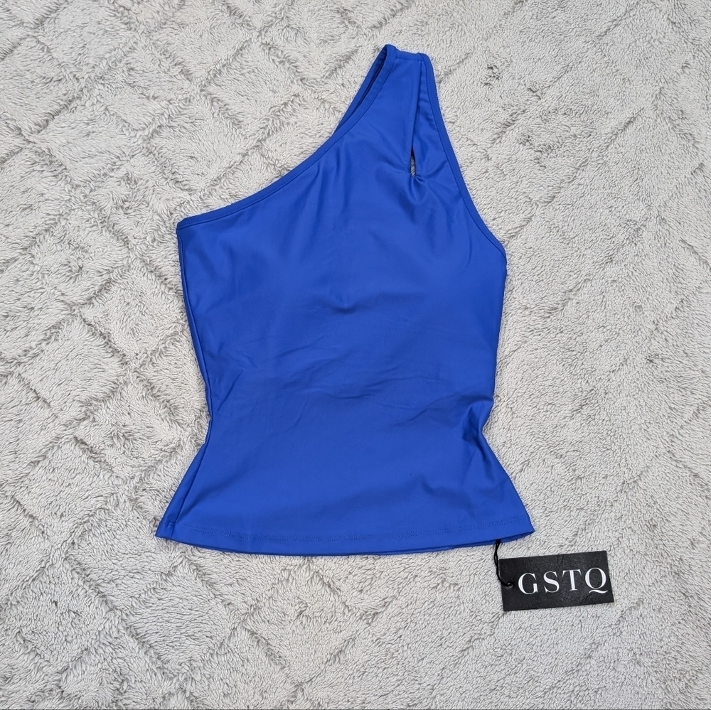 GSTQ Top Womens XS Blue Royal One Shoulder Athletic Crop Beach Train NEW